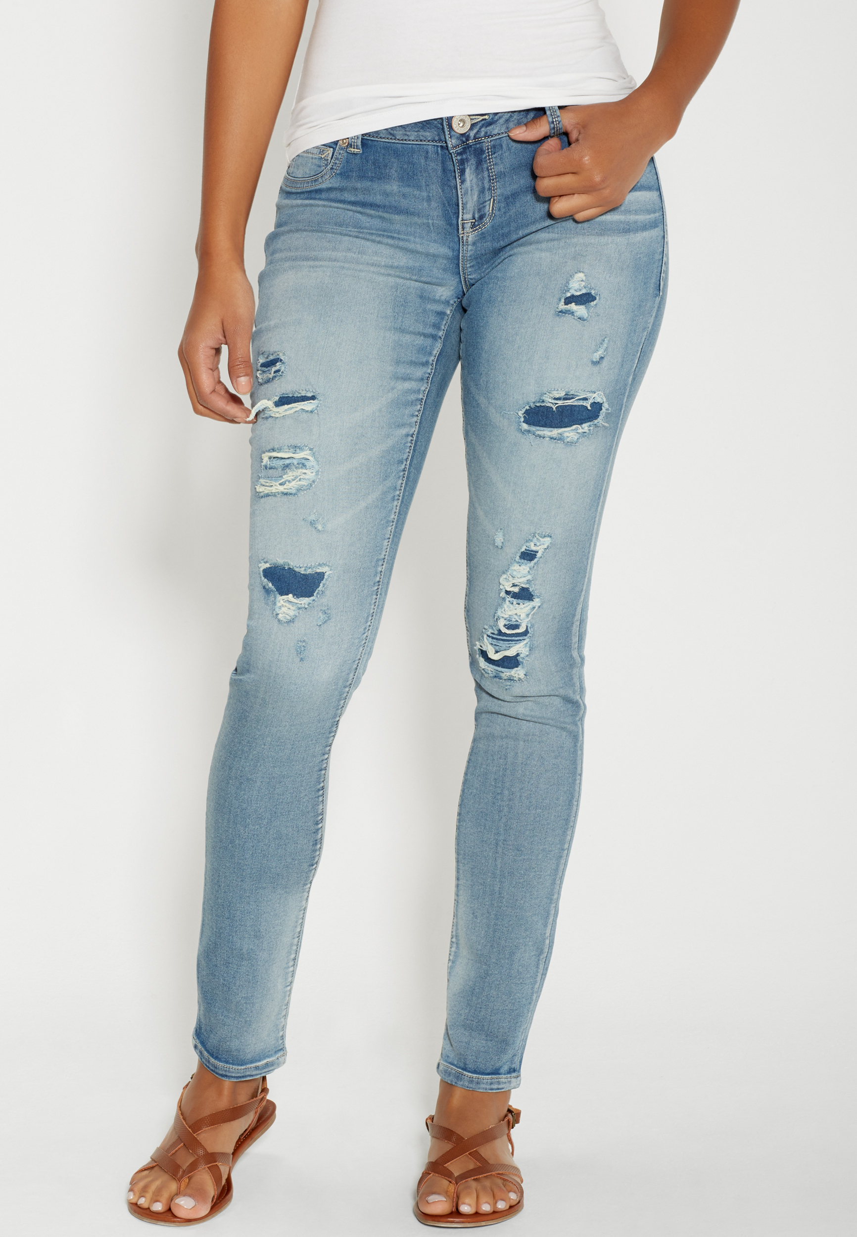 DenimFlex™ SuperSoft light wash jegging with destruction | maurices