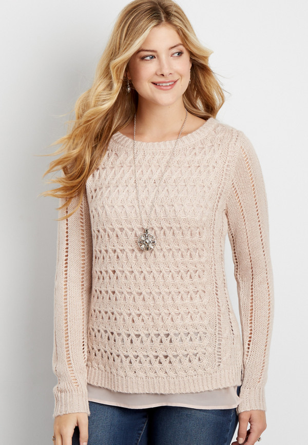 pointelle stitch pullover sweater with chiffon and metallic shimmer ...