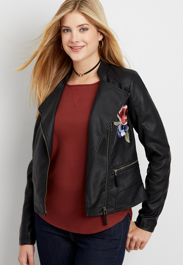 faux leather moto jacket with floral embroidery and ribbed knit | maurices