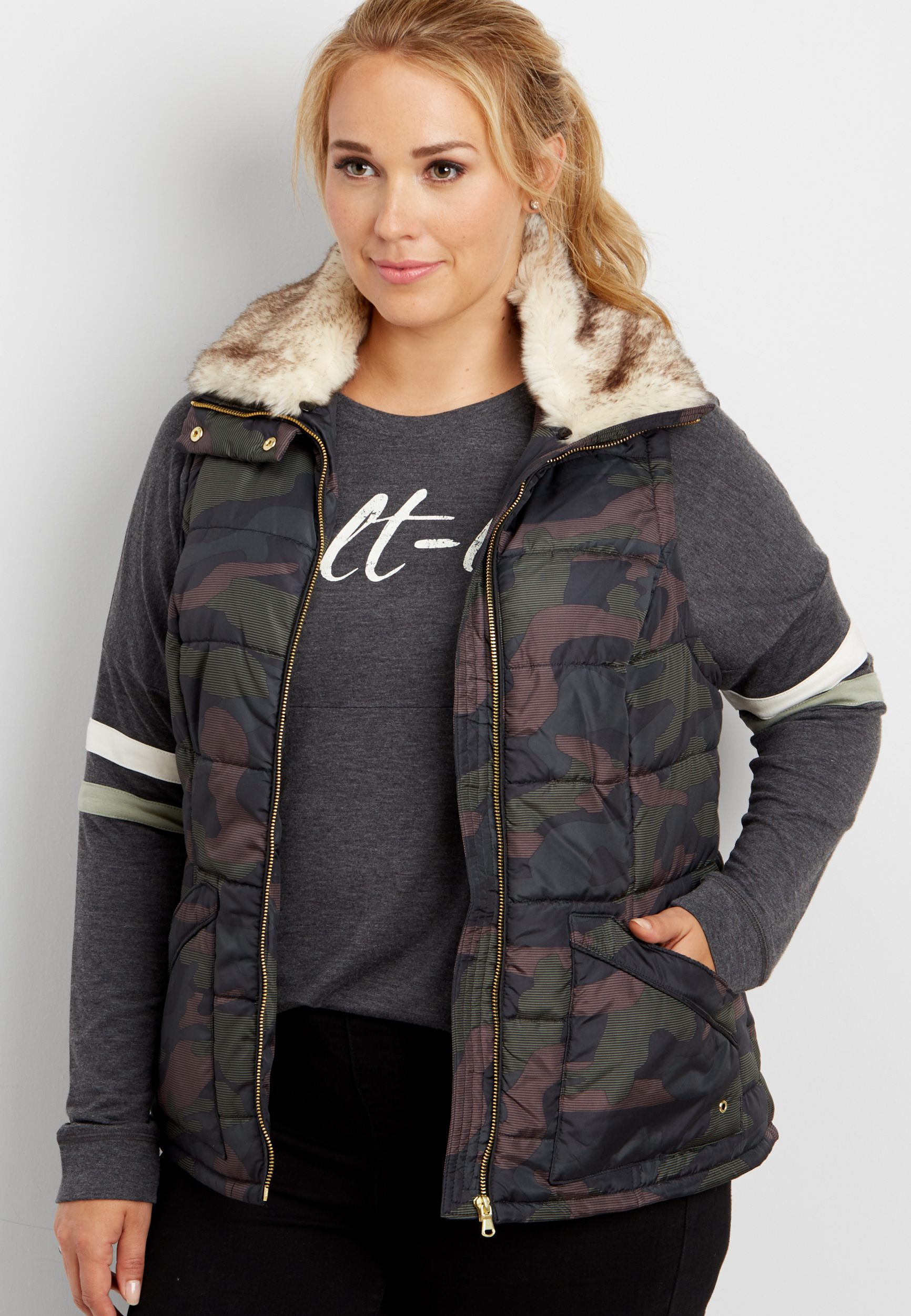 plus size camo print puffer vest with faux fur lined collar maurices