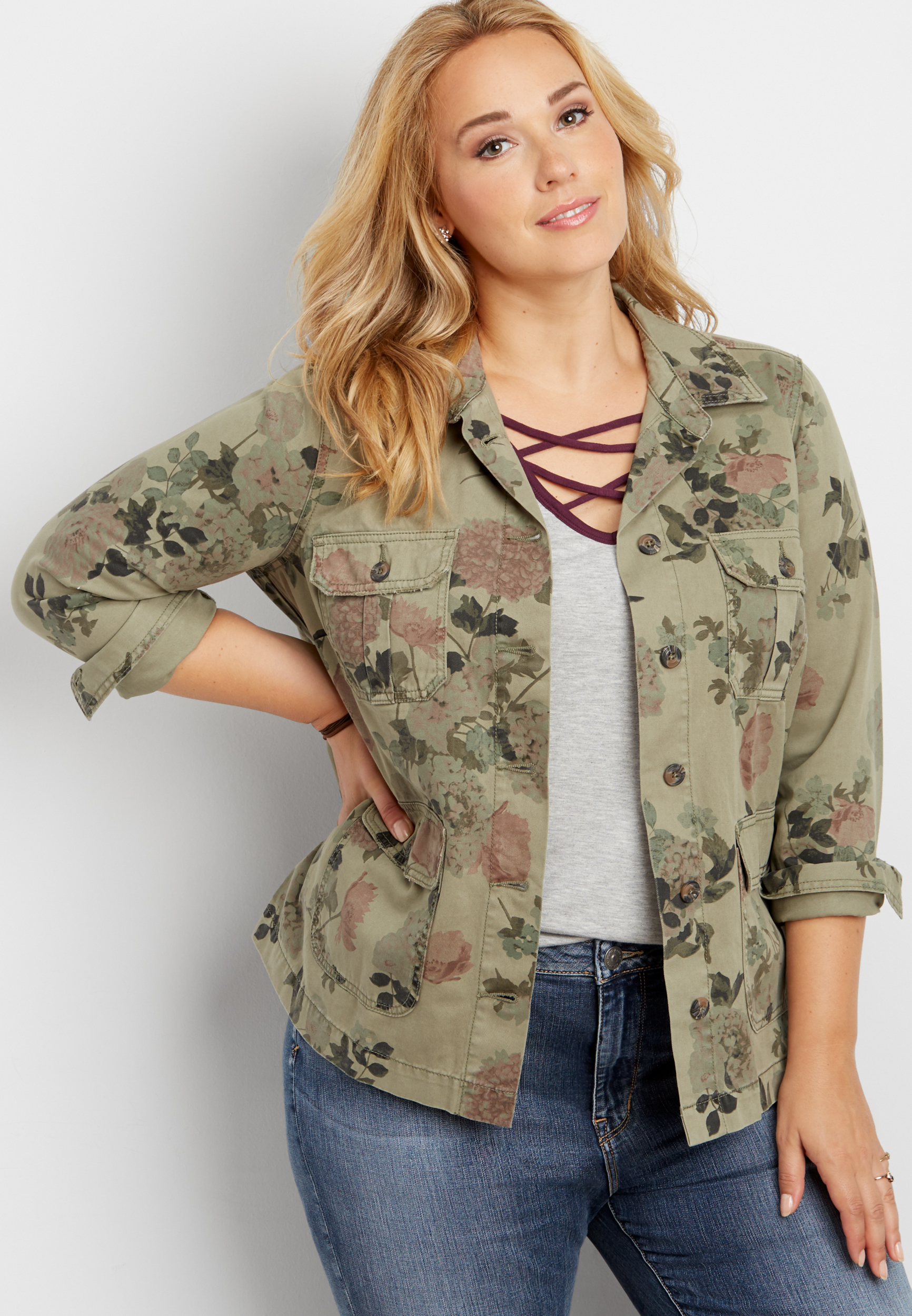 plus size military style jacket in floral print maurices