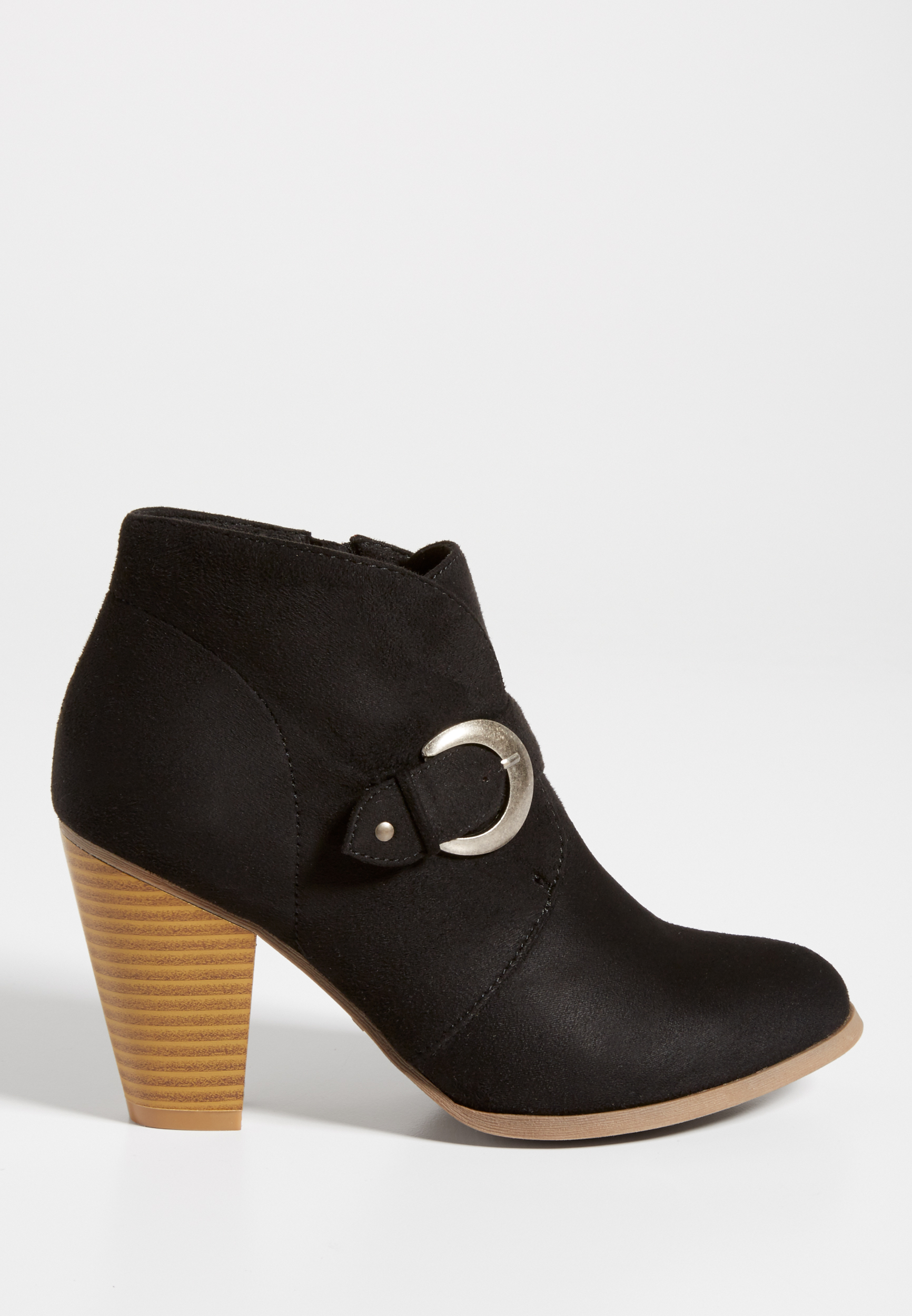 Trina faux suede heeled bootie with buckle | maurices