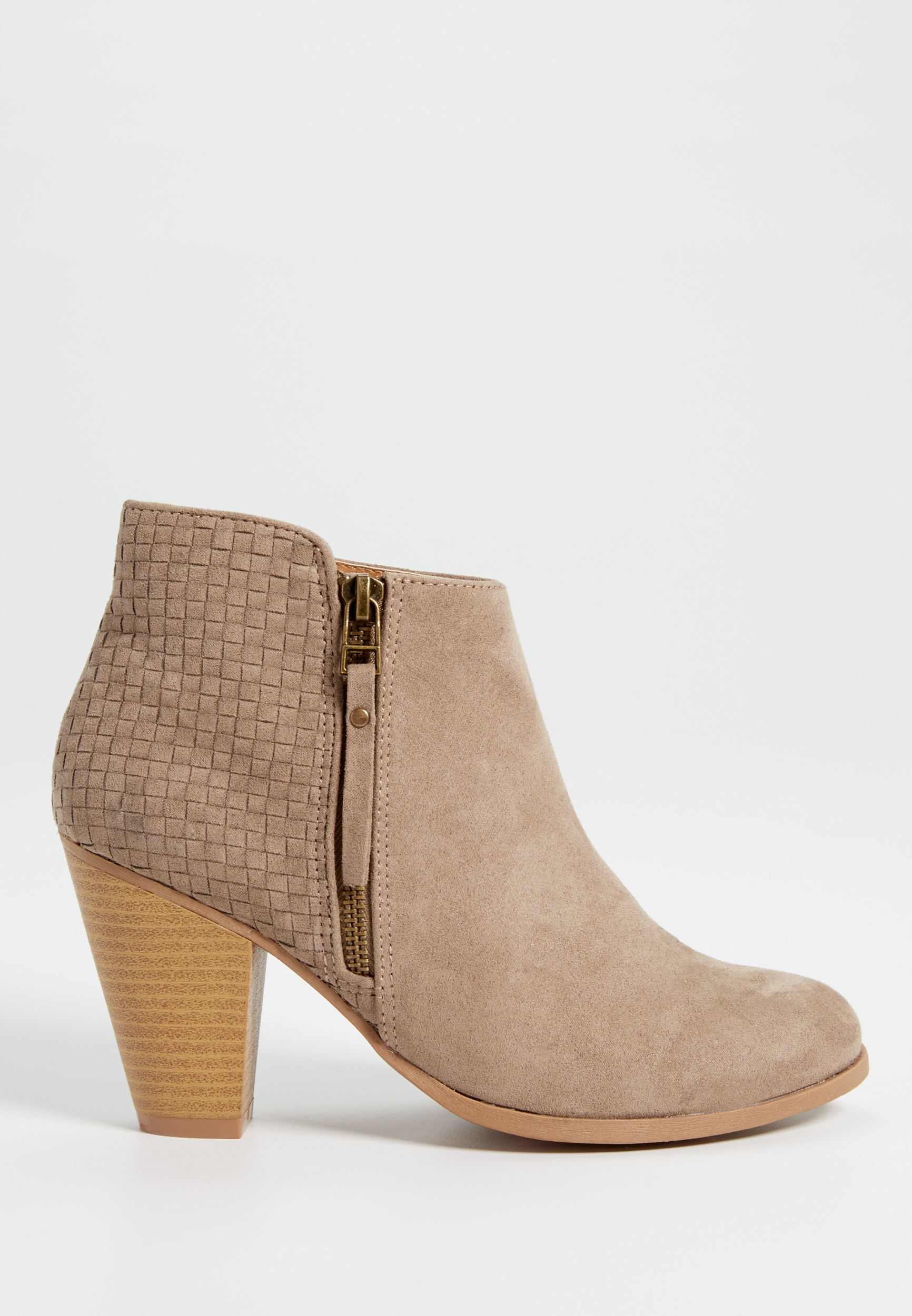 Jaden faux suede heeled bootie with weaved detail | maurices
