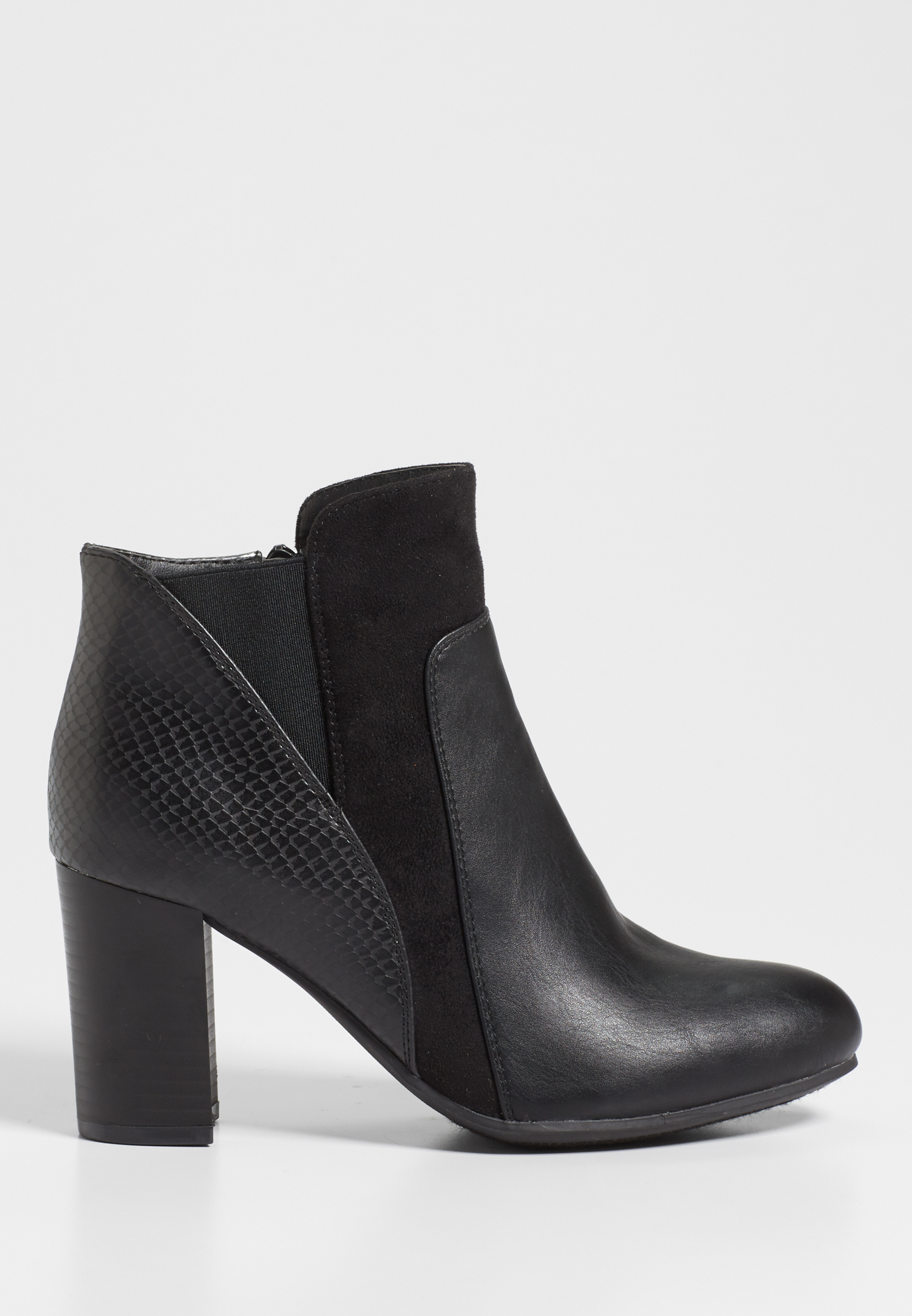 Debbie faux leather and faux suede heeled bootie | maurices