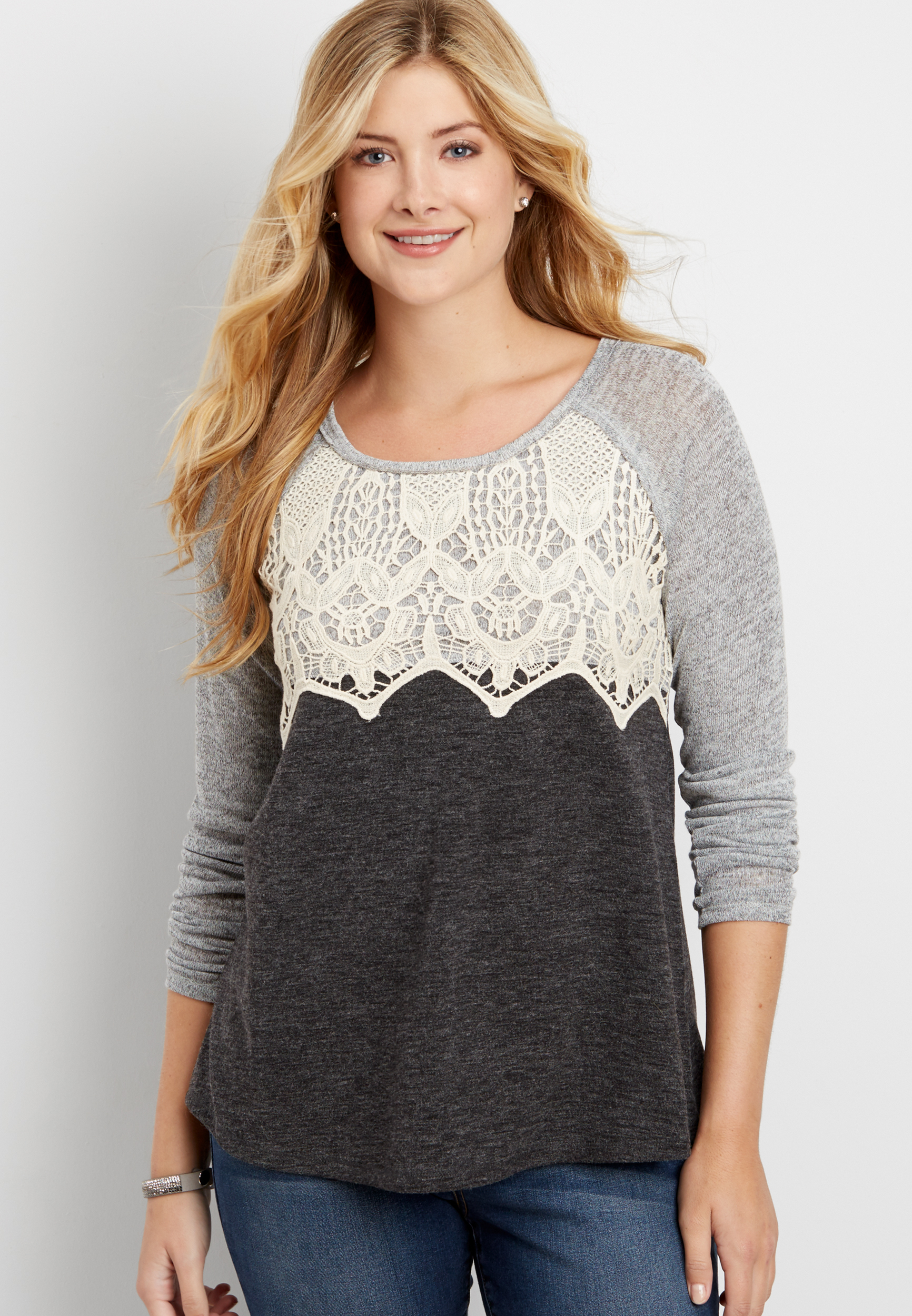 pullover with crocheted overlay and contrast sleeves | maurices
