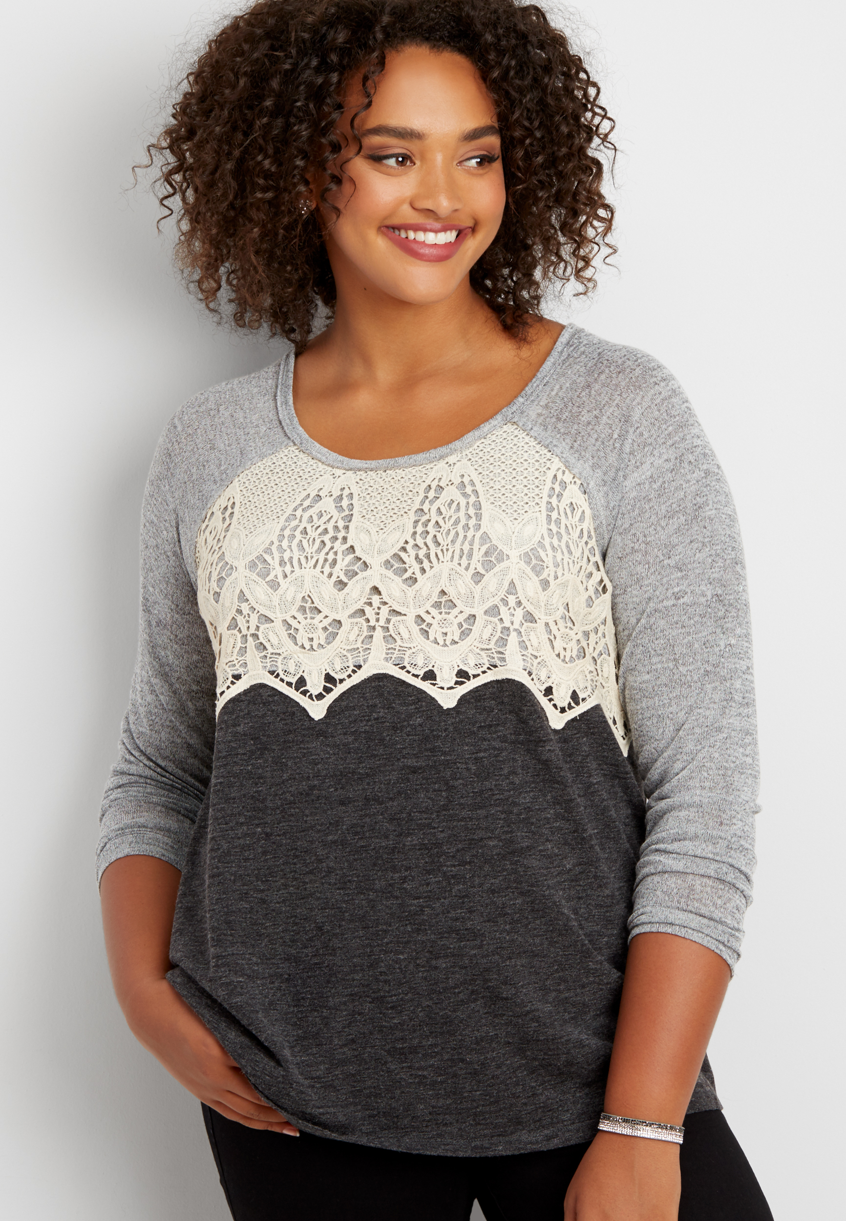 plus size pullover with crocheted overlay and contrast sleeves | maurices