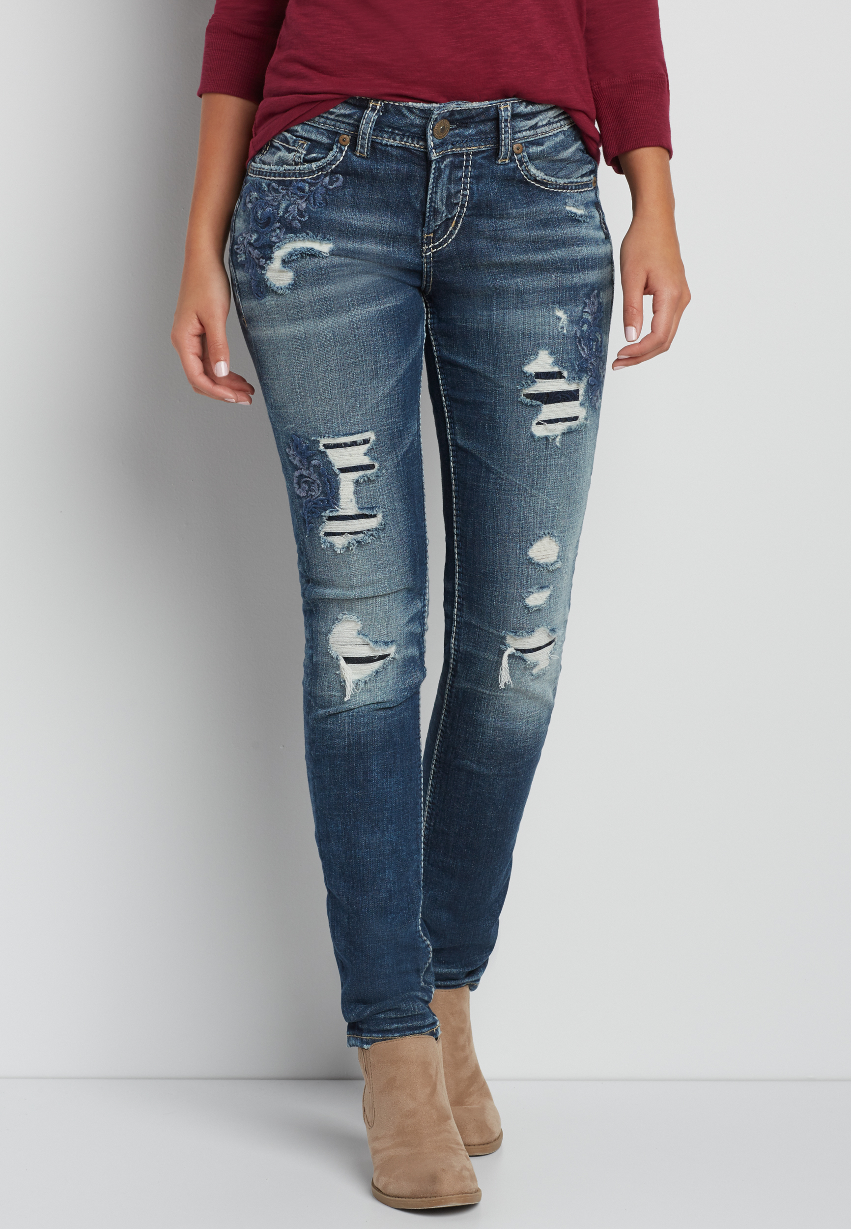 Silver Jeans Co.® Suki skinny jeans with destruction and embroidery ...
