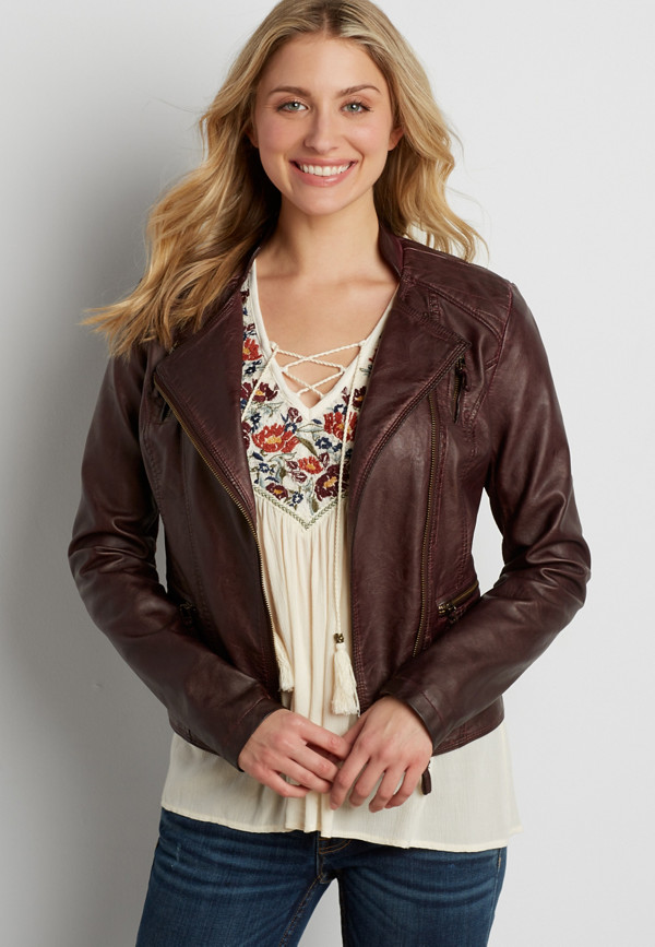 faux leather moto jacket with asymmetrical zipper in oxblood | maurices