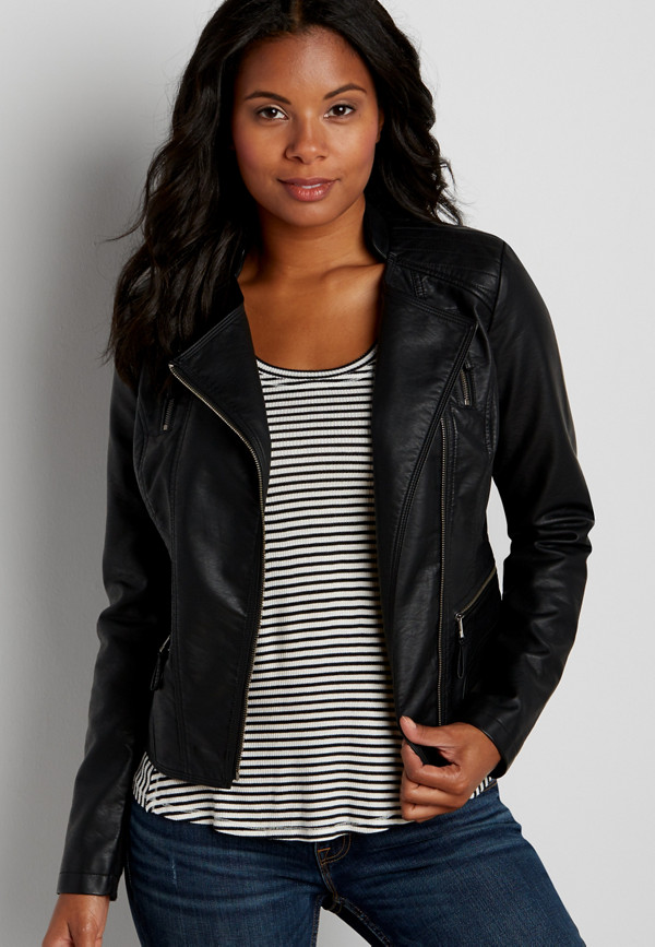 faux leather moto jacket with asymmetrical zipper in black | maurices
