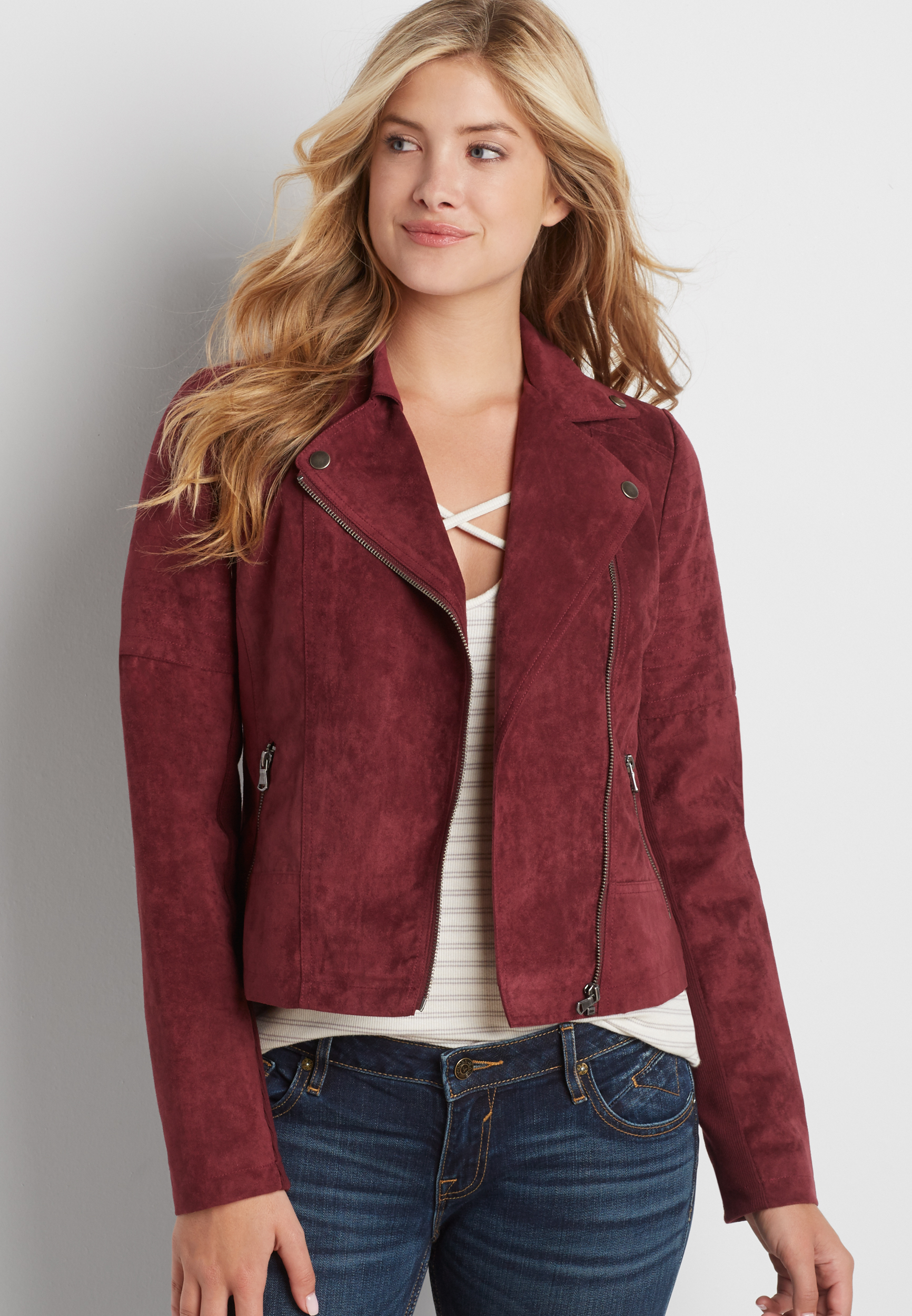 faux suede moto jacket in burgundy | maurices