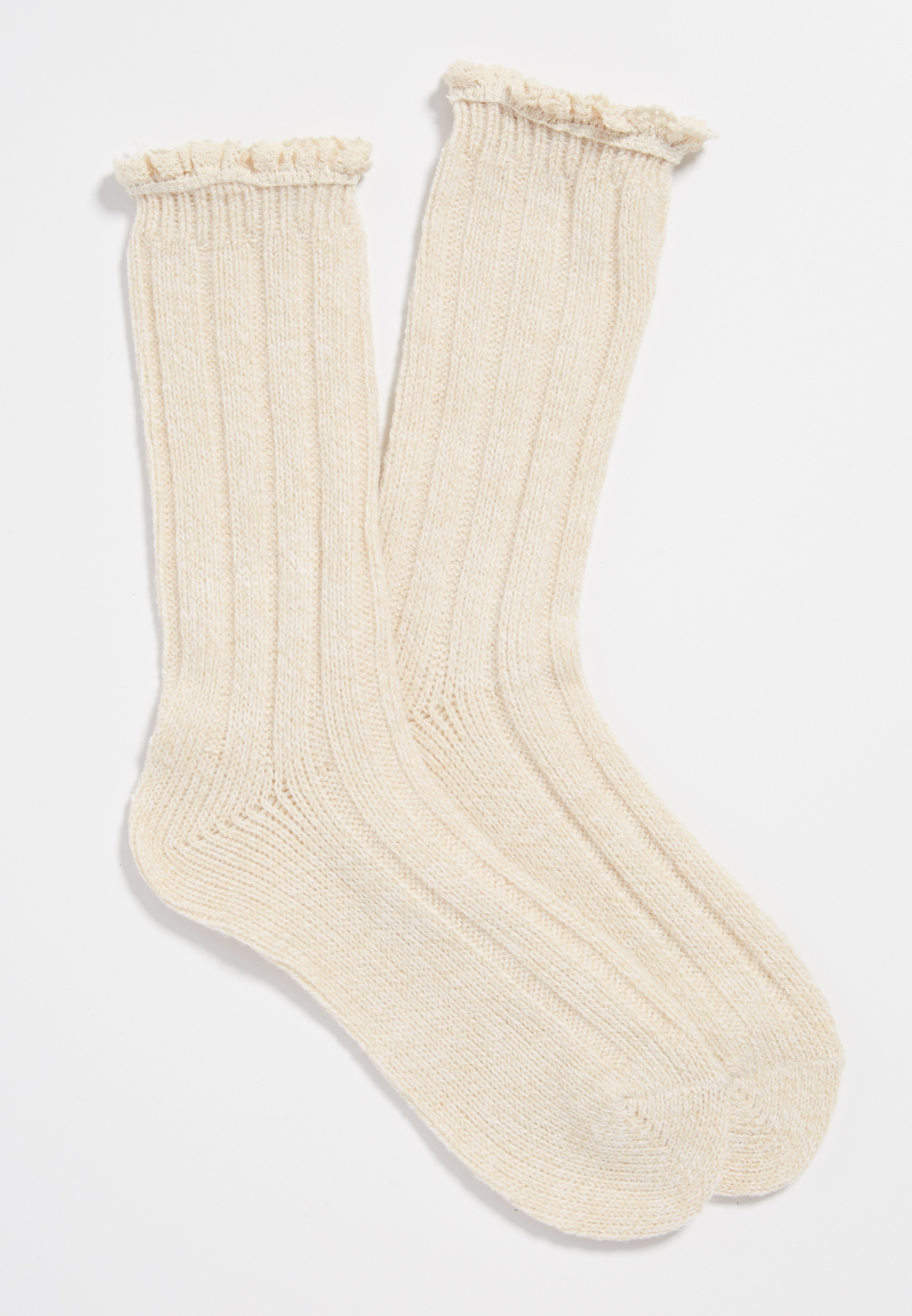 marled crew socks with ruffled crochet trim in oatmeal combo | maurices