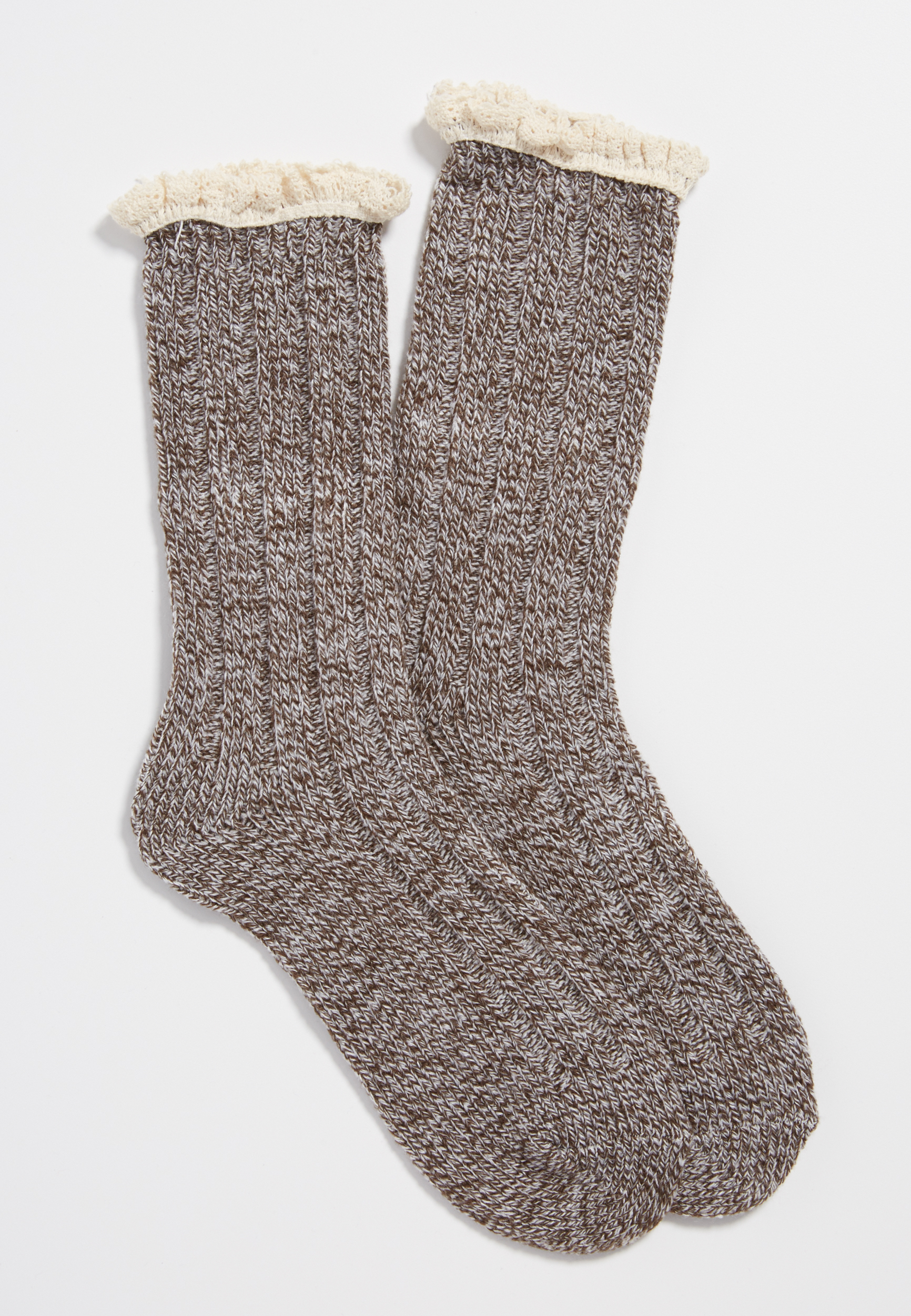 marled crew socks with ruffled crochet trim in brown combo | maurices