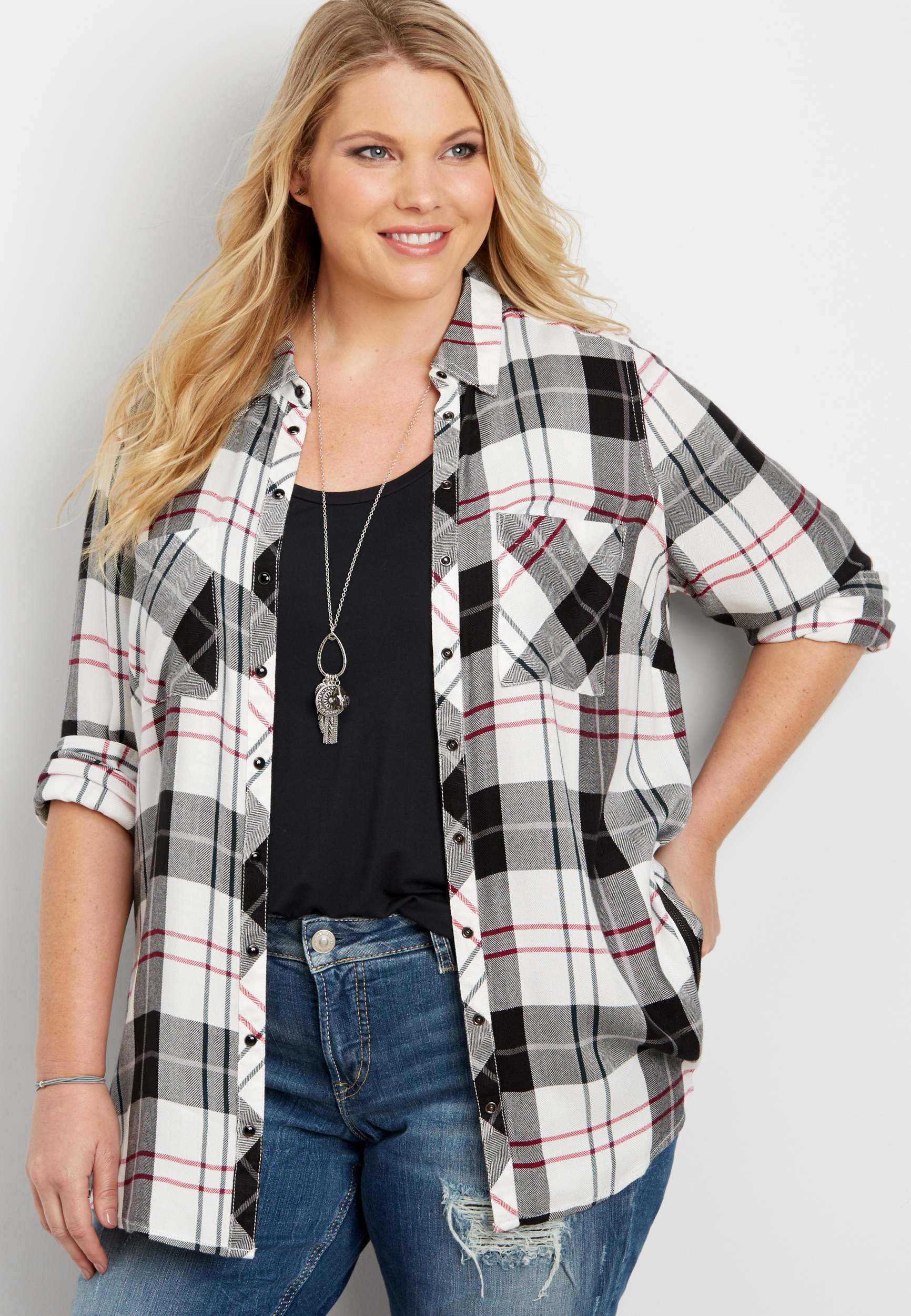 plus size button down plaid shirt with zippers | maurices