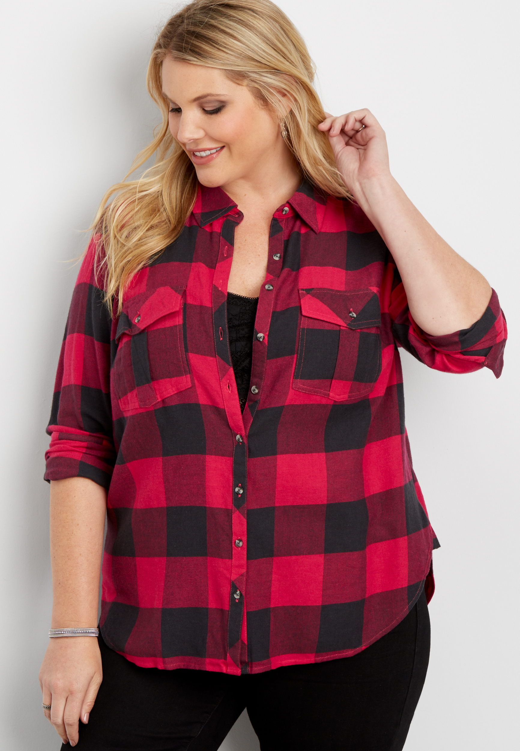 plus size button down pink buffalo plaid shirt | maurices