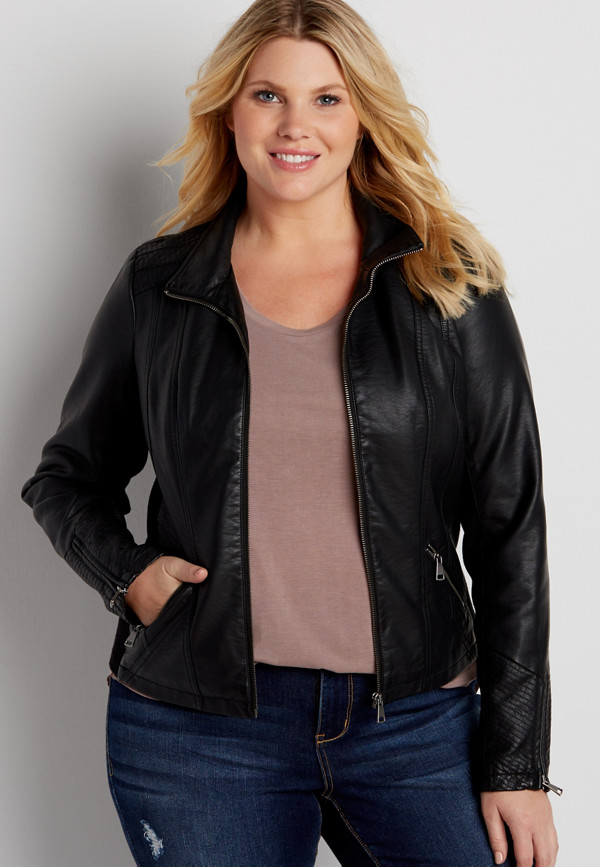 plus size faux leather moto jacket with knit sides | maurices