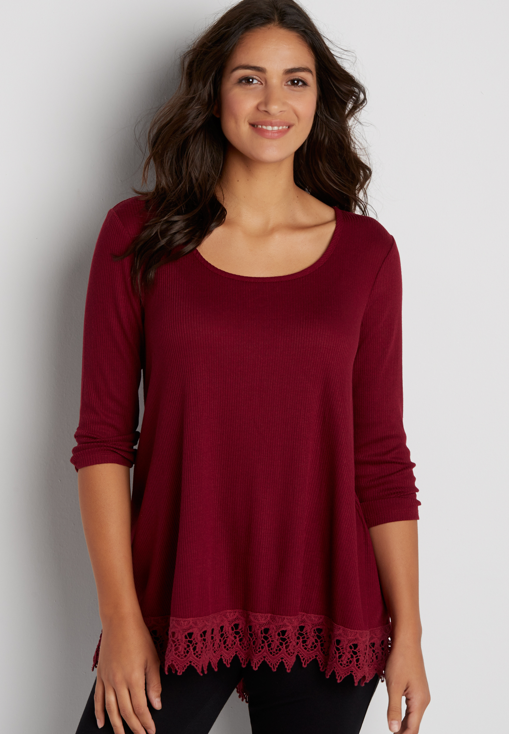 ribbed tunic top with crocheted hem | maurices