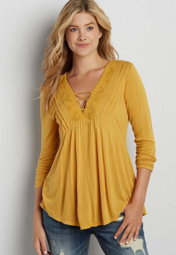 lace up v-neckline and crochet inlay tee | maurices