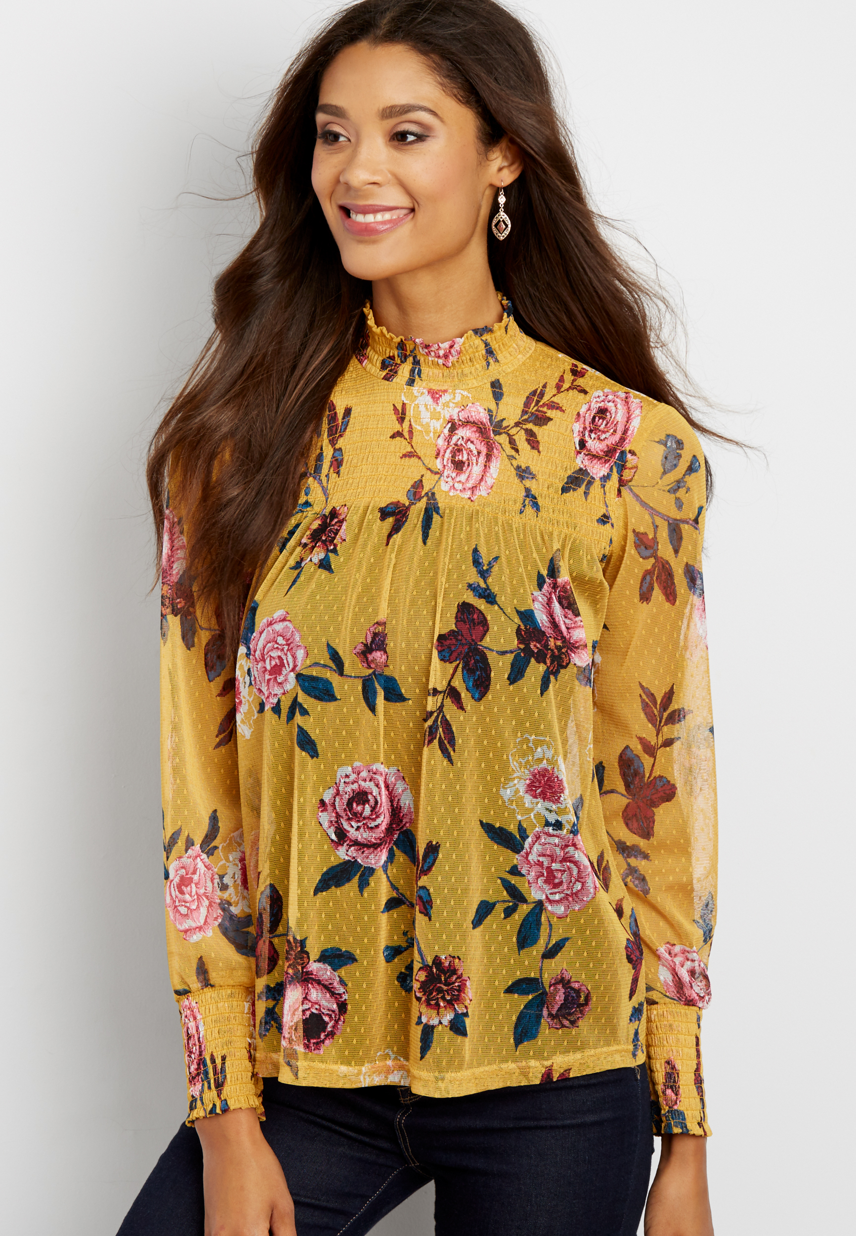 mesh top with smocking in floral print | maurices