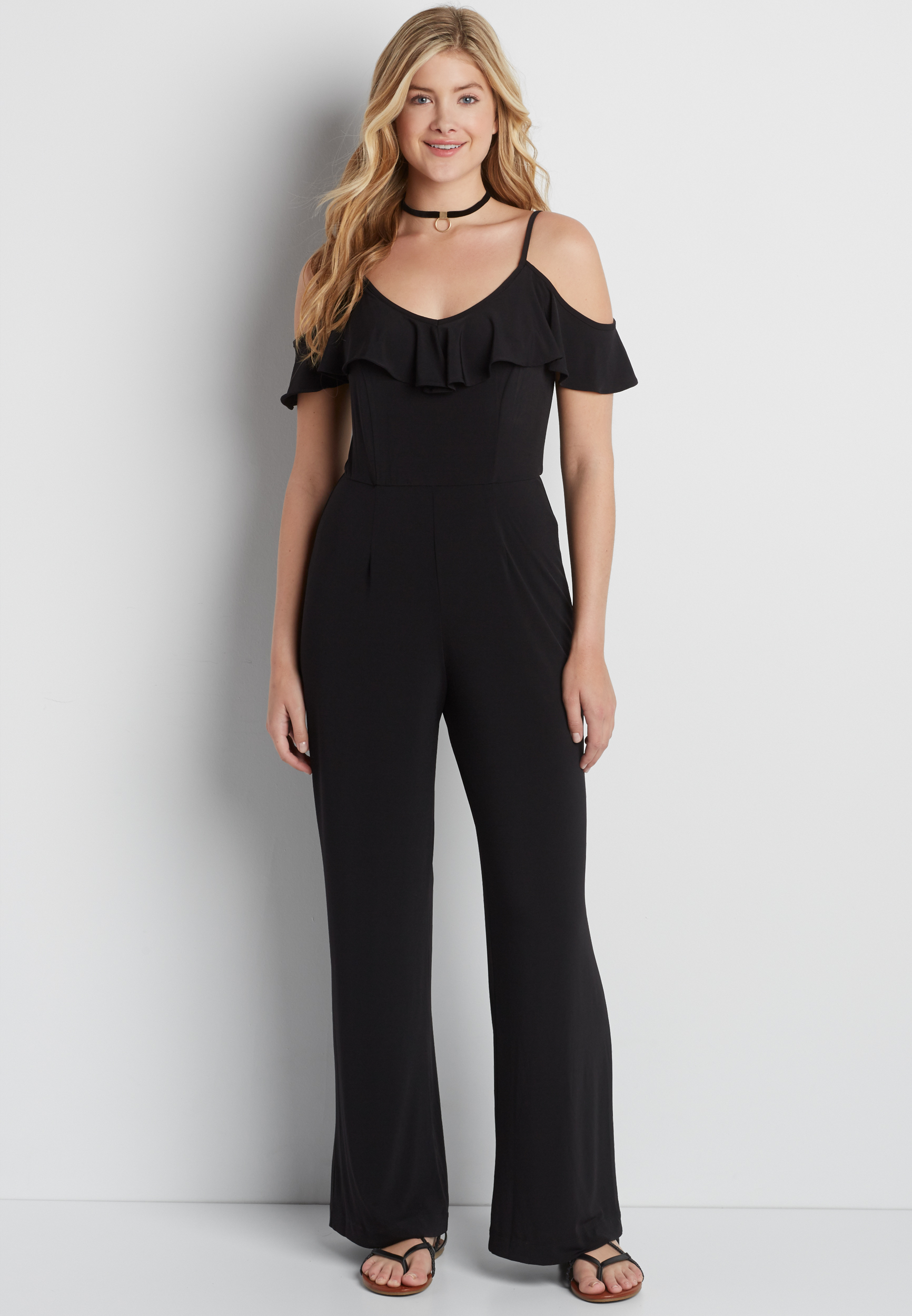 jumpsuit with cold shoulders and ruffle | maurices