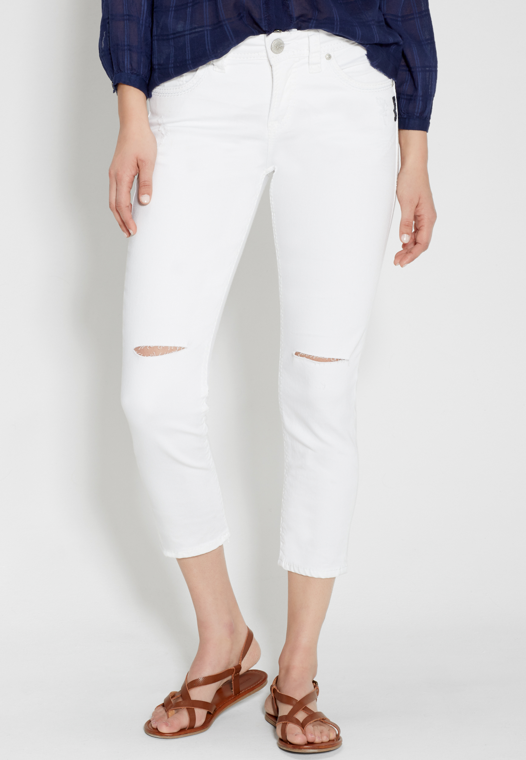 Silver Jeans Co.® suki high rise capri with destruction in white | maurices