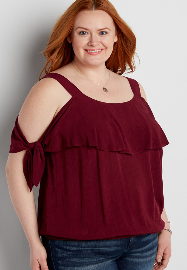 plus size cold shoulder top with ruffle | maurices