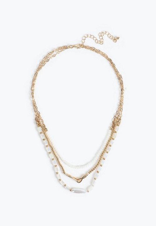 Gold And White Beaded Layered Necklace image