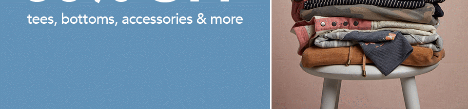 in stores and online, buy one, get one 50% off* tees, bottoms, accessories and more