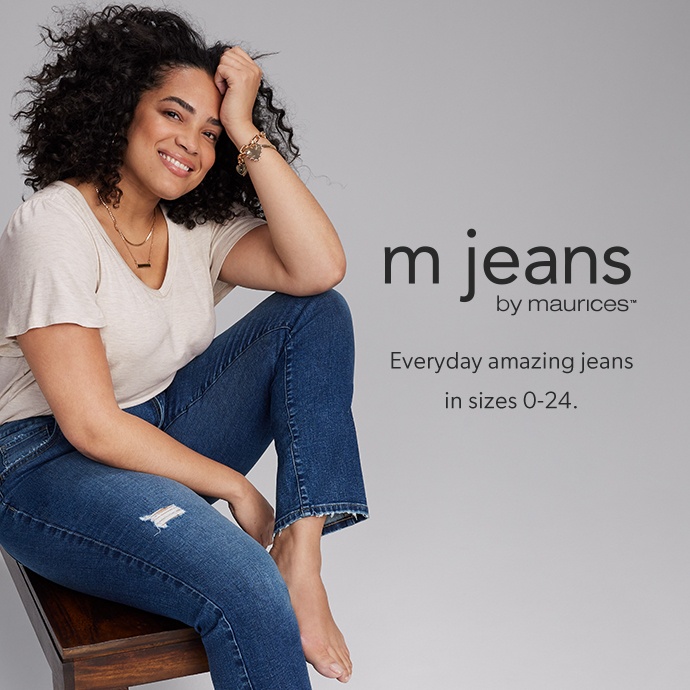 mjeans by maurices. everyday amazing jeans in sizes 0-24.